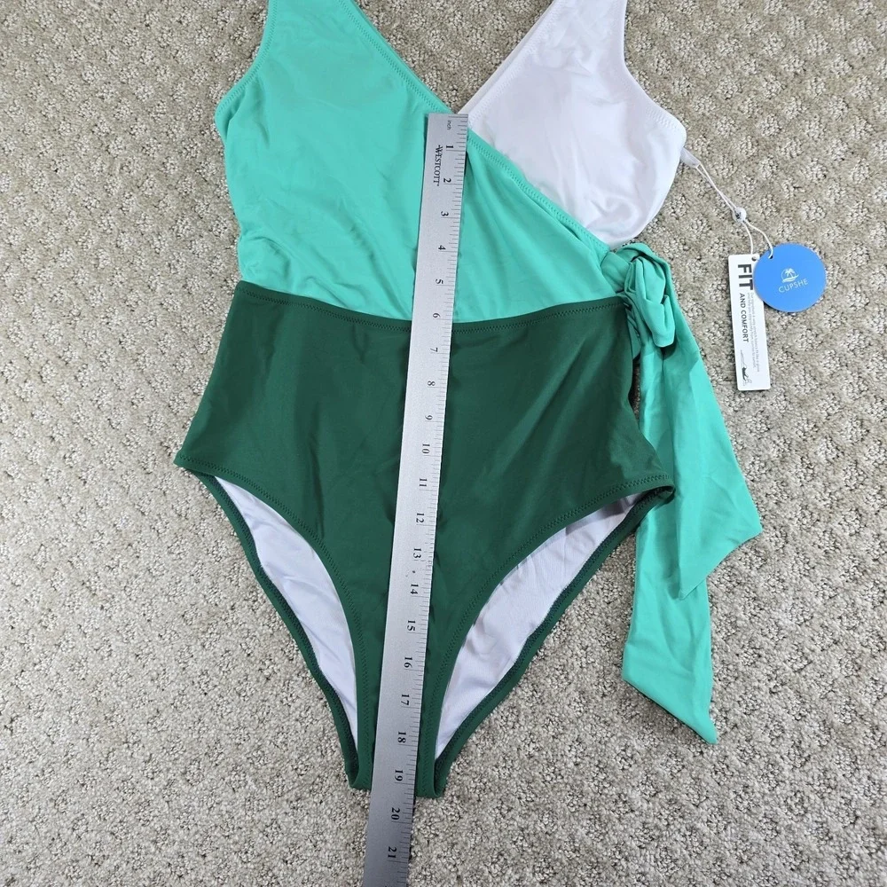 Cupshe One Piece Swimsuit Green White Colorblock Tie Waist Size M NWT - Picture 3 of 9